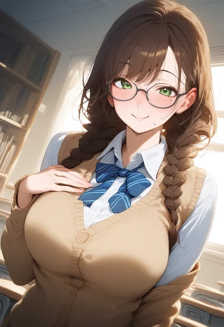 score_9, score_8_up, score_7_up, score_6_up, source_anime,<lora:DAI(Pony)0.1v:1>,
1girl, braid, glasses, solo, twin braids, brown hair, breasts, green eyes, mole, large breasts, school uniform, freckles, sweater vest, long hair, mole under mouth, looking at viewer, smile, blush, shirt, bookshelf, semi-rimless eyewear, hand on own chest, neck ribbon, ribbon, under-rim eyewear, hair over shoulder, cardigan vest, long sleeves, classroom,