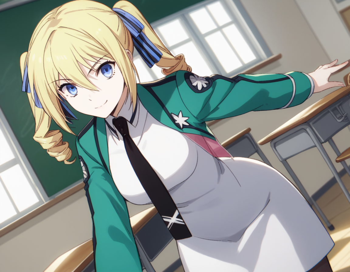 score_9, score_8_up, score_7_up, source_anime,
angelinakudoushields, <lora:angelina-kudou-shields-s2-ponyxl-lora-nochekaiser:1>,
angelina kudou shields, blue eyes, blonde hair, ribbon, hair between eyes, twintails, hair ribbon, drill hair, blue ribbon, twin drills,
long sleeves, dress, school uniform, pantyhose, necktie, white dress, black necktie,
indoors, classroom, bent over, smile,
solo, dutch angle, looking at viewer, cowboy shot,