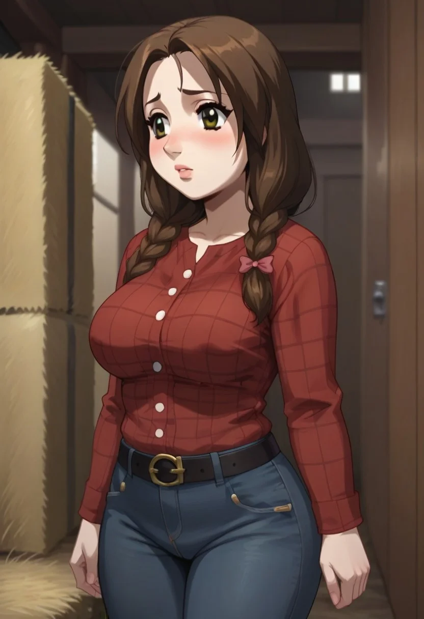 score_9, score_8_up, score_7_up, detailed, detailed body, detailed face,
Expressiveh, ct, BREAK,
barn, night, light, (standing, indoor, blushing, shy, look away ),
1girl, Meg Griffin, eyelashes, hazel eyes, puffy lips, conical breasts, Long hair, brown hair, braids,
(chubby: 0.5), (shortstack:0.6), ( jeans, red plaid shirt, black belt),