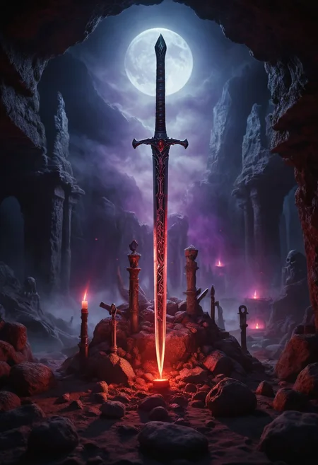 ancient cave, sword in stone, vertical position of sword, glowing sword, violet glowing,( sword on the altar:1.3), ritual, close up, mysterious fog around the sword, the fog glows , runes glow red dim light, glass of blood, sculls, moon light, corpses of warriors, skeletons, 4K resolution, photorealistic rendering, using cinema 4D
Wide range of colors., Dramatic,Dynamic,Cinematic,Sharp details
Insane quality. Insane resolution. Insane details. Masterpiece. 32k resolution.
dvr-lnds-sdxl, ral-apoctvisn, dark, chiaroscuro, low-key, zavy-rmlght