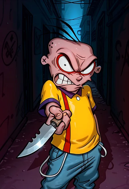 Masterpiece, highest quality, highres, 8k, newest, source_cartoon, 1boy, solo, closeup, eddyboy, sc4m, yellow shirt, blue jeans, three hairs, red facemask, holding knife, pointing knife at viewer, mugging, angry, dark alleyway background, detailed background,