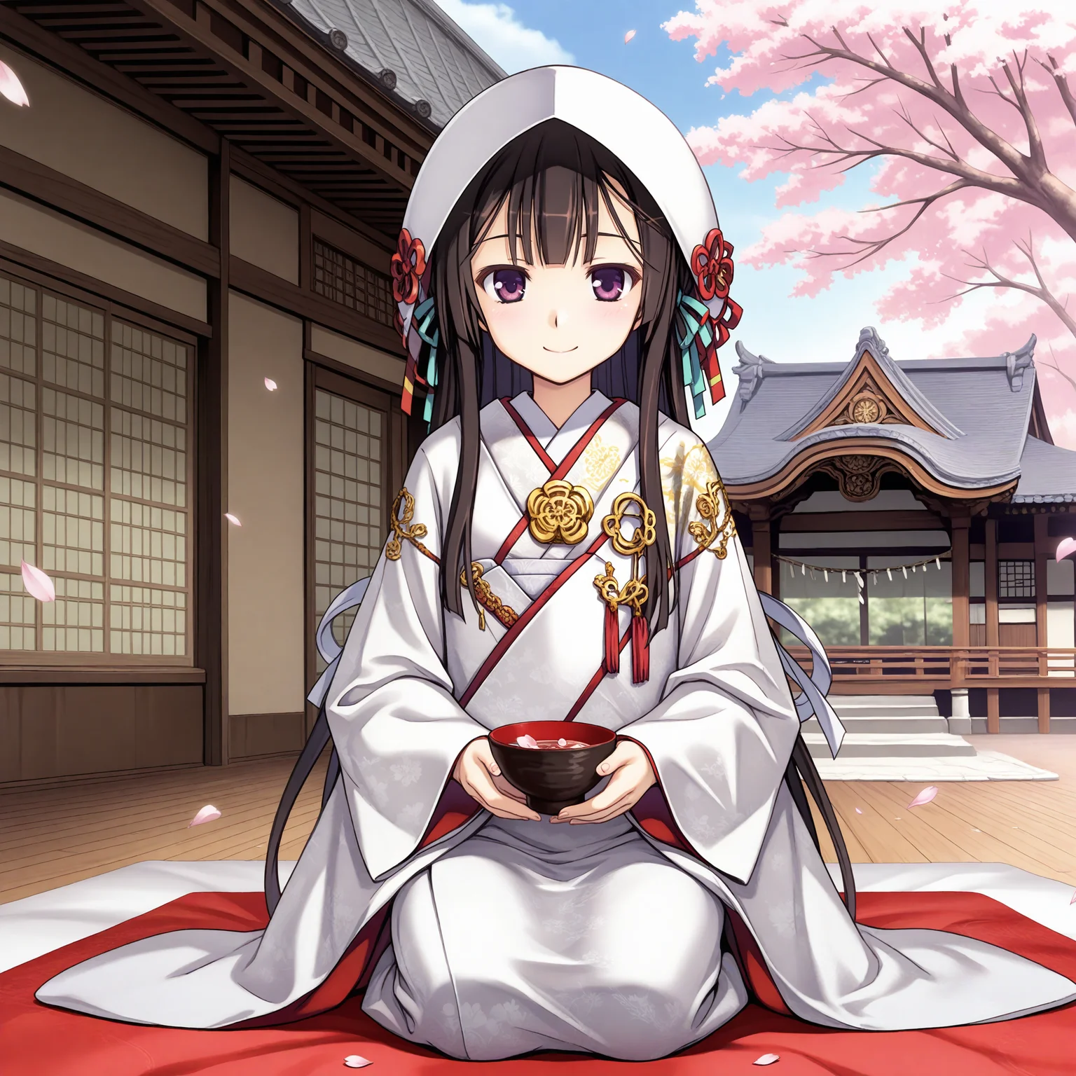 <lora:August_art_n16c16_nai_loha_2:1.1>,August art,
<lora:Oda_Kou_Adult_2_nai:0.9>,Oda Kou,hair ribbon,uchikake,
1girl,solo,smile,looking at viewer,kneeling,east asian architecture,cherry blossoms,falling petals,holding bowl,front view,wind,