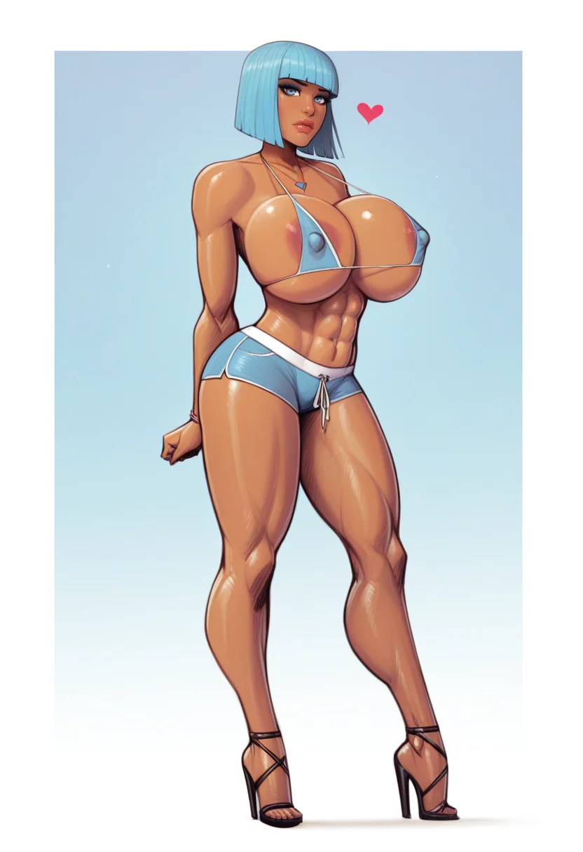 masterpiece, best quality, S4s4k1Nsfw,<lora:NaughtydevilHs:1> 1girl, solo, breasts, shorts, high heels, huge breasts, areola slip, covered nipples, navel, swimsuit, full body, dark-skinned female, abs, blue eyes, dark skin, lips, makeup, heart, looking at viewer, blunt bangs, necklace, bangs, jewelry, standing