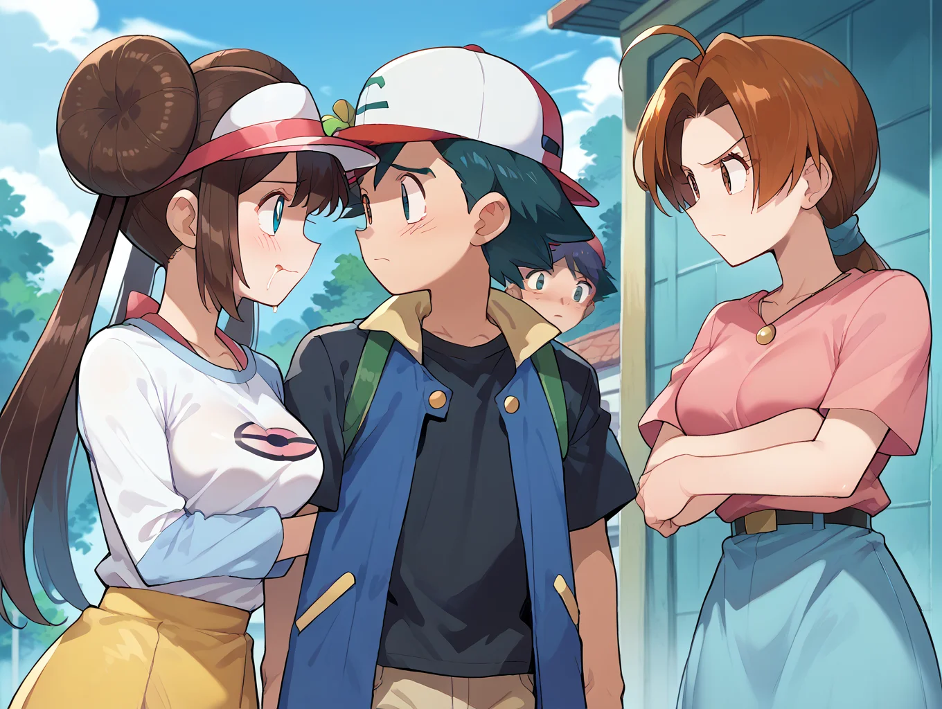 score_9, score_8_up, score_7_up, source_anime, 2girls, 1boy, looking at another, outdoor ADDCOMM,
mature female, large breasts, pervert, drooling, blush, <lora:Rosa_Pony:1> Rosa_(Pokemon), blue eyes, white pupils, brown hair, long hair, double bun, twintails, medium breasts, raglan sleeves, white shirt, blue sleeves, visor cap, black pantyhose, yellow skirt ADDCOL,
sad, <lora:Ash1:1> ash3, skinny, black hair, black eyes, hat, baseball cap, red cap, blue jacket, shirt, black shirt, pants ADDCOL,
(mature female:1.2), large breasts, angry, pokemon \(creature\), <lora:delia-ketchum-ponyxl-lora-nochekaiser:1> deliaketchum, brown hair, brown eyes, parted bangs, ahoge, ponytail, low ponytail, shirt, pink shirt, short sleeves, skirt, blue skirt, long skirt