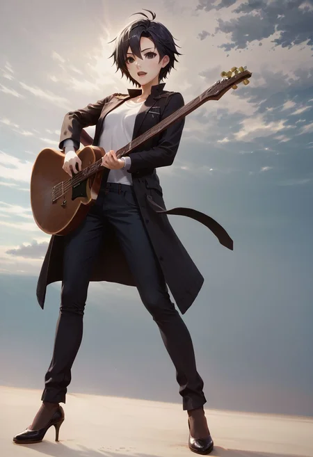 score_9,score_8_up,score_7_up,score_6_up,source_anime, <lora:Worldly_XL:1> (low horizon, seaside:1.1), ((((playing guitar:2))))
1girl, solo, full figure, standing, dynamic pose, singing, dancing, <lora:KikuchiMakoto_pony_v1:0.9> kikuchi makoto, kkcmkt, short hair, black hair, antenna hair, hair between eyes, black eyes, flat chest, small breasts,  (long legs:1.2), delicate strappy heels,
hands, <lora:detailed_hands:1.05>
<lora:HandFineTuning_XL:0.55>
<lora:loraeyesxl:0.65>
zPDXL, zPDXL-neg