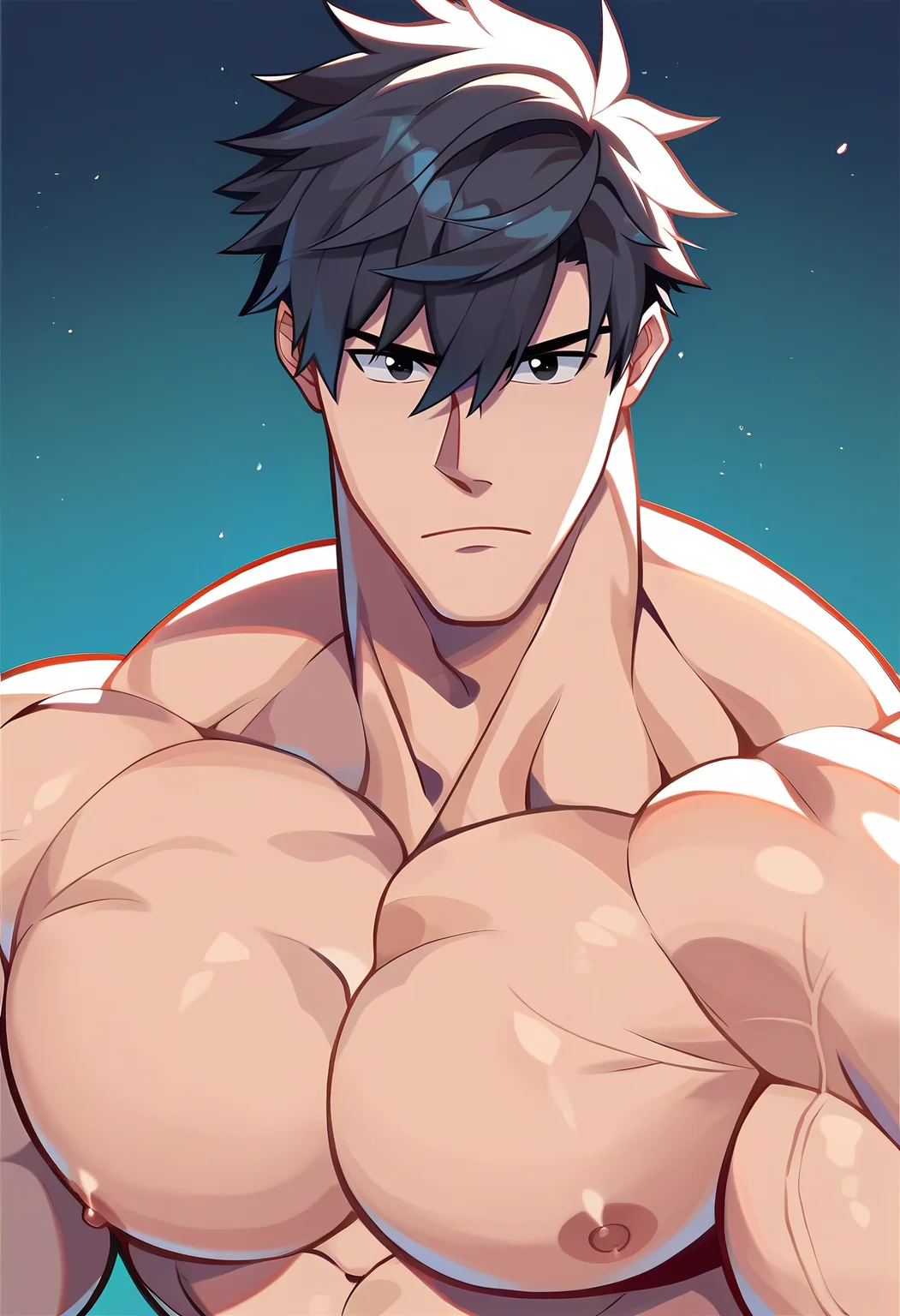 <lora:V2 CartoonyMen:1>, score_9, score_8_up, score_7_up, 1boy, solo, male focus, masculine, (Cartoony), thick outlines, portrait, black hair, (bangs), hair between eyes, black eyes, muscular male, bodybuilder, large pectorals, shirtless, plump pecs, male breasts, perfect proportions, perfect anatomy, manly, handsome, macho, hunk, masculine, anime, BREAK
simple background