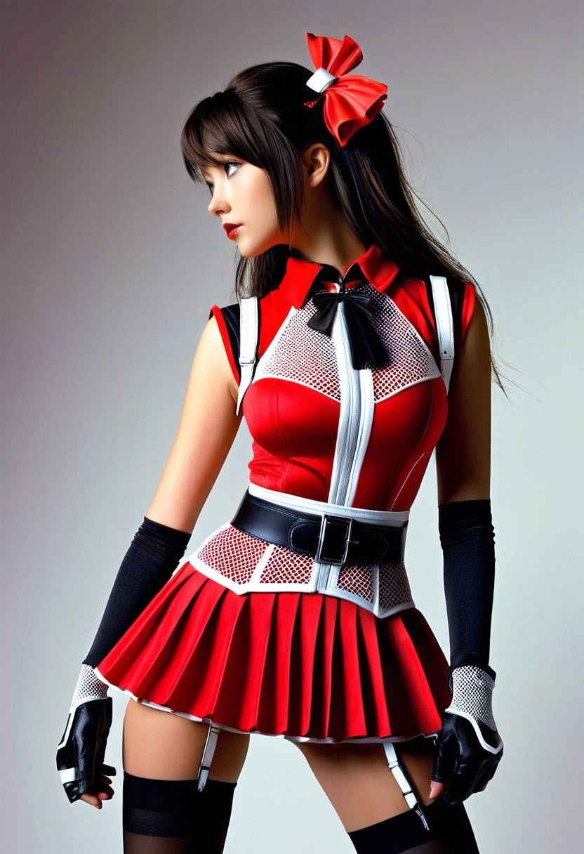 A hyper-realistic portrait of a girl's upper body, dressed in a vibrant red and black costume with white accents, featuring a sleeveless red dress with a white mesh panel, cinched at the waist with a black belt, paired with a pleated red mini skirt, black thigh-high stockings, and black fingerless gloves, her hair adorned with a red bow accessory, and black boots, set against a stark, high-contrast background with dramatic lighting, highlighting the intricate textures and folds of the costume, in a style reminiscent of high-fashion photography, with ultra-detailed, crisp lines and a bold color palette.