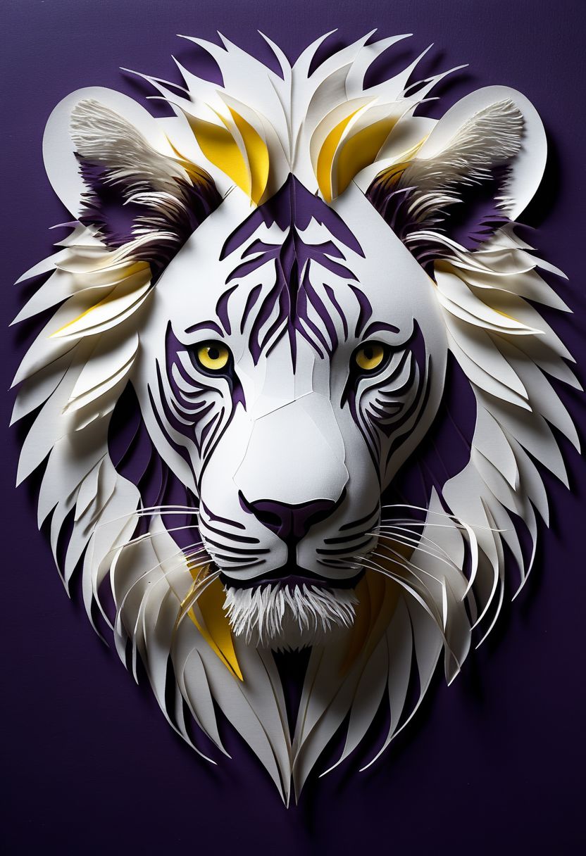 layered papercut, mysterious lion face, an exotic papercut animal, fading backlit background, (svannah fading white/yellow to deep purple), by Minjae Lee, Carne Griffiths, Emily Kell, Steve McCurry, Geoffroy Thoorens, Aaron Horkey, Jordan Grimmer, Greg Rutkowski, amazing depth, double exposure, surreal, geometric patterns, intricately detailed, bokeh,  perfect balanced, deep fine borders, artistic photorealism , smooth,  great masterwork by Suiras  <lora:add-detail-xl:2>  <lora:Double_Exposure:0.5>