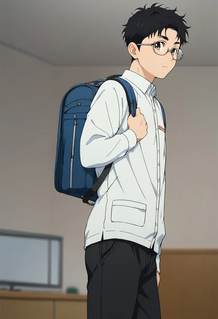 score_9,score_8_up,score_7_up,score_6_up,chromatic aberration,1boy,takakura ken,solo, black hair,short hair,glasses, pants,black pants, white footwear,shoes,school uniform, long sleeves,backpack,dark,under light,standing,posing,sexy,indoors,living room,blurry, blurry background,upper body,cowboy shot, dutch angle