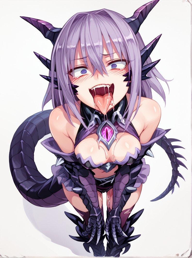 (expressive eyes), (Masterpiece), (mge artstyle), 1girl, Dragonewt, scaled arms, scaled legs, thighhigh scales, black scales, purple underside, purple hair, lizard tail, spikes, head fins, cheek scales, wavy horns, crazy eyes, tongue out, drooling, saliva strands, spiked scales, full body shot, standing, [close up], (score_9, score_8_up, score_7_up), <lora:V5.1_retrain:1.0>