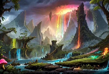 (Split terrain in left and right side. The right side is a lava land with an exploding volcano in the background. The left side is a jungle and water.)
(Jungle full of giant, overgrown trees and many large (glowing mushrooms) in different bright contained color. Blue mushroom. Green mushroom. Pink mushroom. Yellow mushroom.)
(A path leads through the Jungle and is covered in golden cracks)
masterpiece, best quality, ultra detailed, professional light, cinematic lighting, ambient lighting, atmospheric effects, photorealistic, epic landscape, high fantasy, waterfall, mountains, cliff, one bridge, clouds, (jungle), volcano in background, rainbow.