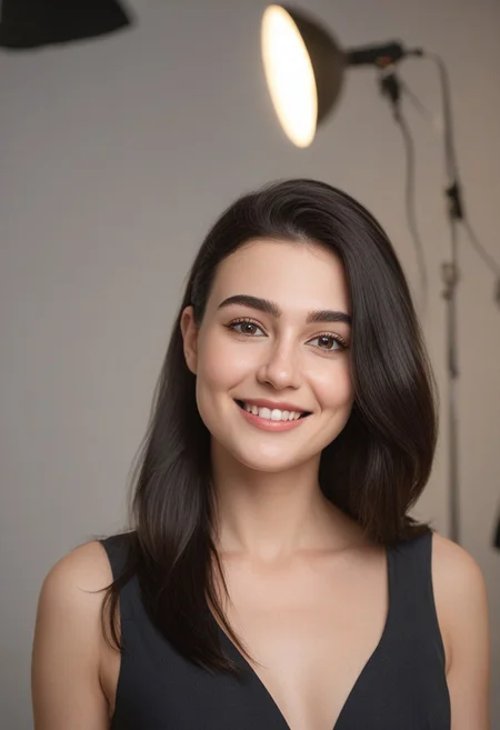 30yo american woman in a photostudio
Modeling High cut, high Quality Dress.
Slight makeup, heavy rimmel. Clear skin.  realistic skin style
Long dark black slick back hair. 
Shooting light, indors, cable light
Studio background.
Winking left eye. Smiling.
Bokeh. Heavy Bokeh light.