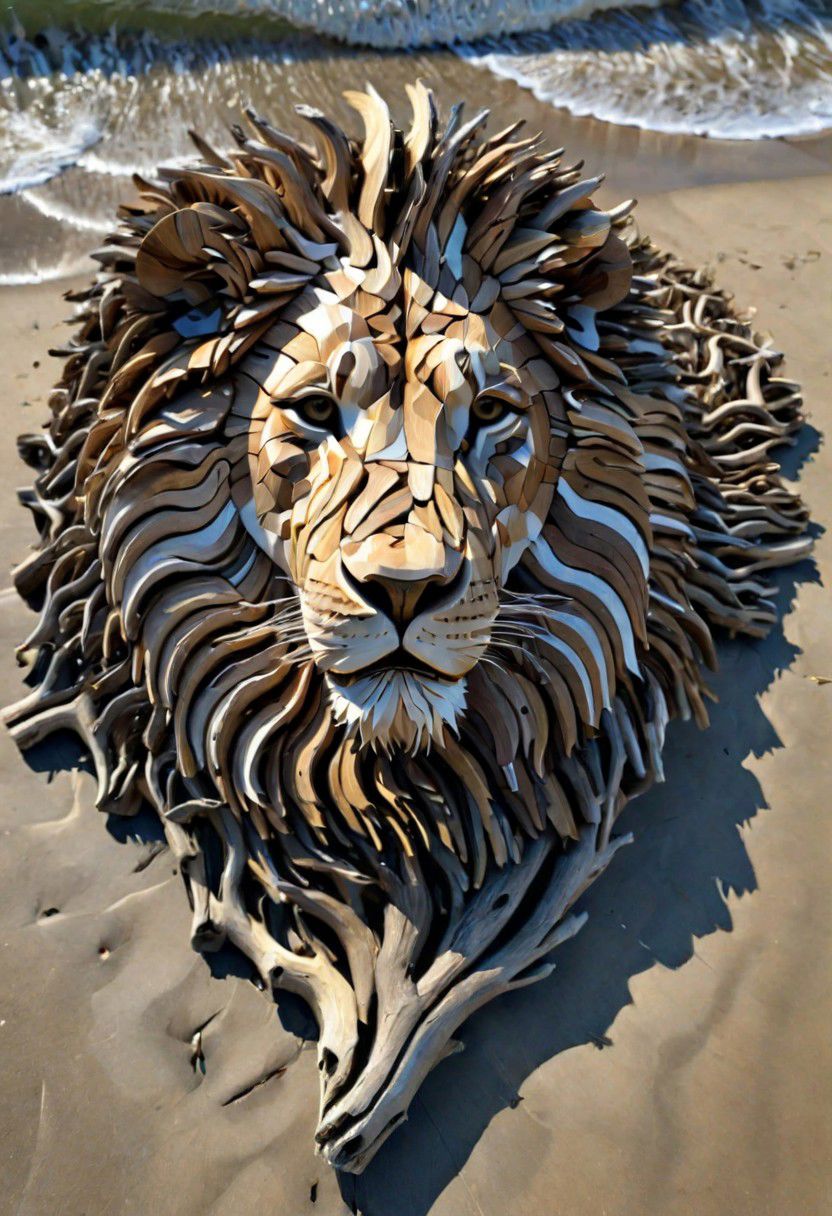 (drift wood washes up on the shore, all the tiny parts of drift wood form together to create a perfect  shape of a Driftwood Lion on the shore), abstract, 3d render, strong, insanely intricate details, (masterpiece), breathtaking natures art work