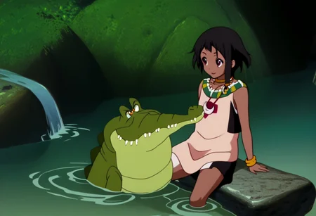 Tick tock crocodile,male animal focus,tail, crocodile , crocodile mouth open,smile ,green skin, blue eyes, Tick Tock the crocodile is giant and very huge size,teeth, crocodile swimming and submerged in the water,Tick Tock the crocodile looking Choi_mochimazzi,Choi_mochimazzi an anime girl, 1girl, looking at viewer, smile, short hair, Choi_mochimazzi sitting down on the crocodile belly. Base - choim, short hair, black hair, red eyes, dark-skinned female,purple eyes, Base Outfit - dress, jewelry, dark skin, necklace, bracelet, wristband, neck ring, anklet, barefoot,river,palm trees, jungle, tropical _island,village, temple,Disney, waterfall,retro_anime, manga,tamako_market