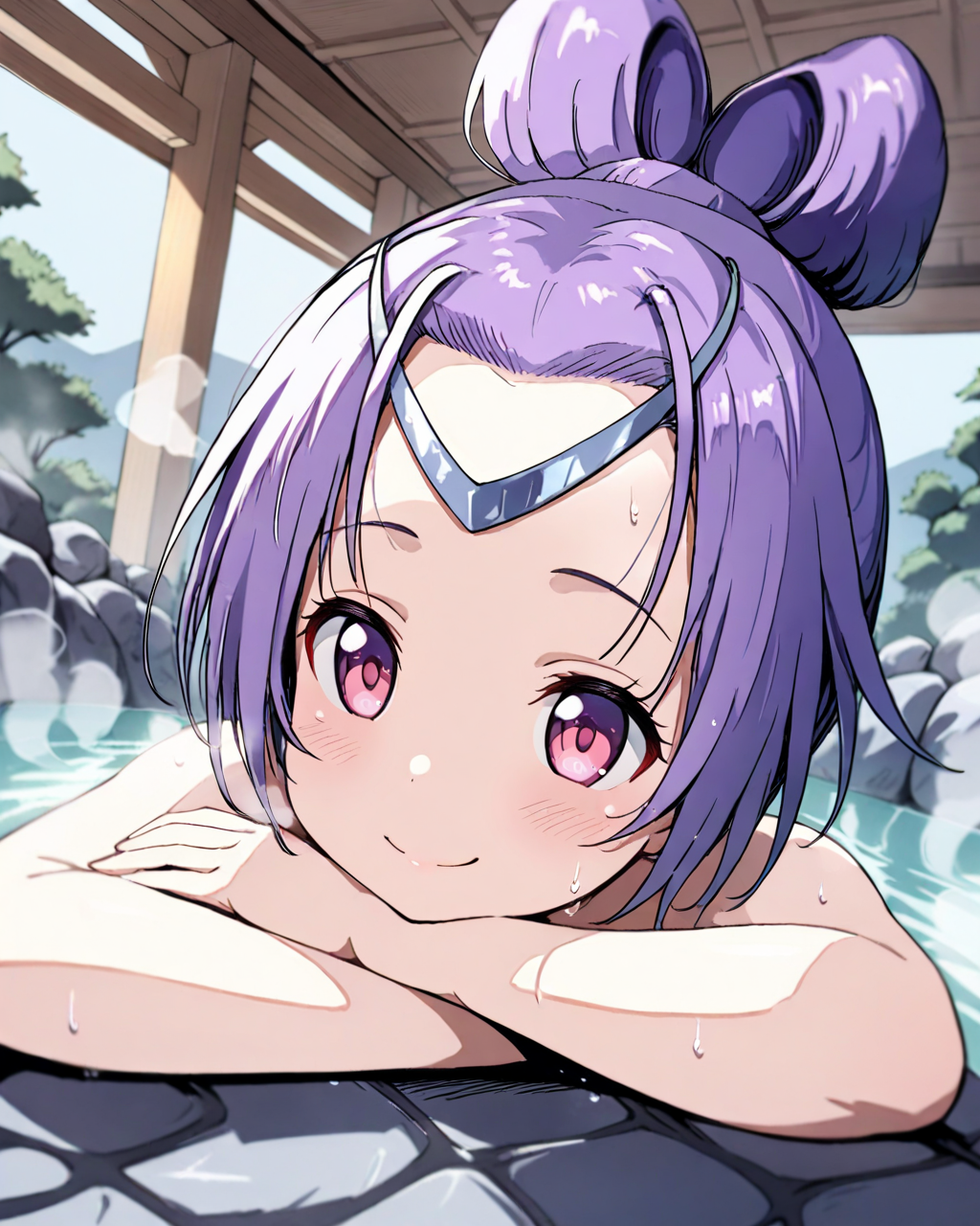 1girl,
AshikiriSyakoOreshika,
short girl, safe, solo, perspective, close-up,
circlet, smile, bathing, arm rest,
onsen, steam, east asian architecture, 
depth of field,
<lora:kp_AshikiriSyakoOreshikaAnimagineXL_v1_0:1.0>
masterpiece, high score, great score, absurdres