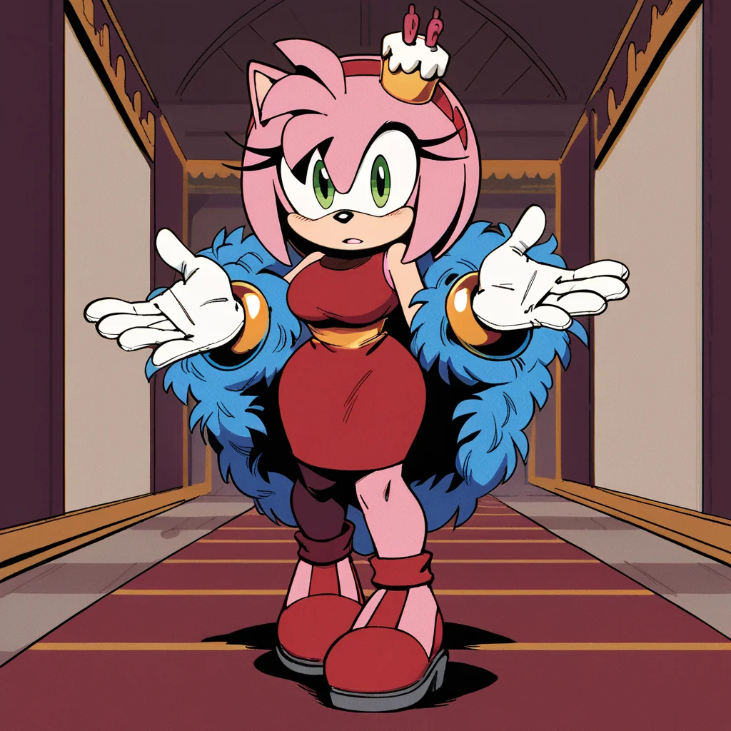 score_9, score_8_up, score_7_up, score_6_up, score_5_up, score_4_up, BREAK,  <lora:Amy_Rose:1>, amy rose, 1girl, looking at viewer,  gloves, dress, jewelry, standing, full body, hairband, food, shoes, sleeveless, white gloves, skin tone arms, bracelet, dynamic pose, indoors,  red dress, crown, red footwear, furry, cake, furry female, red hairband, animal nose, solo, green eyes, animal ears, pink hair, pink fur, large breasts, wide hips,