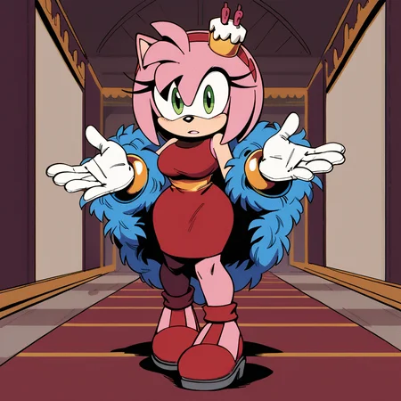 score_9, score_8_up, score_7_up, score_6_up, score_5_up, score_4_up, BREAK, <lora:Amy_Rose:1>, amy rose, 1girl, looking at viewer, gloves, dress, jewelry, standing, full body, hairband, food, shoes, sleeveless, white gloves, skin tone arms, bracelet, dynamic pose, indoors, red dress, crown, red footwear, furry, cake, furry female, red hairband, animal nose, solo, green eyes, animal ears, pink hair, pink fur, large breasts, wide hips,