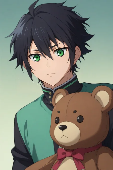 score_9, score_8_up, score_7_up, source_anime, , , , upper body, , 1boy, solo, male focus, <lora:yuuichirou_hyakuya_pony:0.78>, yuuichirou_hyakuya, black hair, green eyes, short hair, hair between eyes, teddy bear costume, , , <lora:sdxl_lightning_8step_lora:1>