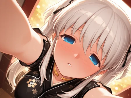 1girl,solo,with a golden hue,dutch angle,full-face blush,<lora:IL_Nao Mariota Pryderi_epoch_20:0.6>,mb_nao,nao/(mabinogi/),china dress,half-closed eyes,looking at viewer,close-up of face,from above,backlighting,light particles,outstretched arms,reaching towards viewer,parted lips,full-face blush,incoming kiss,, masterpiece,best quality,amazing quality,very aesthetic,absurdres,