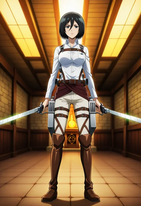 masterpiece, best quality, intricate details, anime screencap, anime coloring, official style, , depth of field, 1girl, solo, <lora:mikasa_ackerman_ilxl:0.94>, mikasa_ackerman, black hair, black eyes, hair between eyes, short hair, , three-dimensional maneuver gear, magic tower, spell chambers, potion labs, research rooms, experimenting pose, analytical expression, magical lighting, Blue Denim joggers, Fair Isle Lycra GoldenYellow Long-sleeve shirt, Boat shoes, ,
