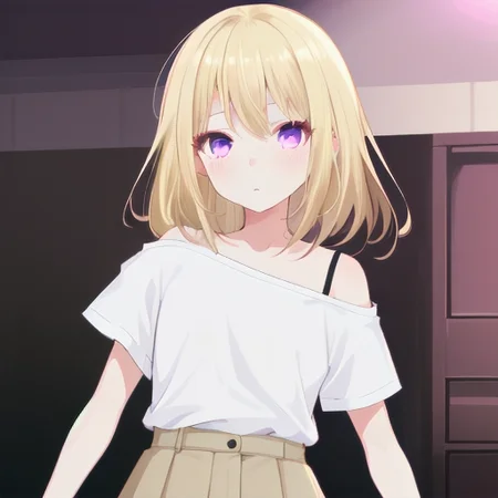finger suking,1girl,<lora:char-mygoä¸è§åè¯ Misumi Uika (Bang dream! Ave Mujica):0.7:lbw=0,0,0,0,0,0,0,1,1,1,1,0,0,0,0>,
misumi uika,bright blonde hair,purple eyes,shoulder-length hair,white shirt,short sleeves,light_brown_skirt,flat chest,