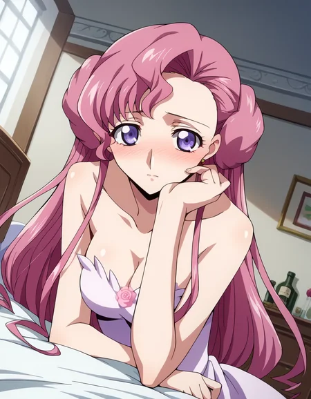 score_9, score_8_up, score_7_up, source_anime,
euphemialibritannia, <lora:euphemia-li-britannia-s1-ponyxl-lora-nochekaiser:1>,
euphemia li britannia, doughnut hair bun, hair bun, hair flower, hair ornament, long hair, pink hair, purple eyes,
bare shoulders, bow, cleavage, dress, frills, lace, ribbon,
indoors, bed, bed room, on side, blush, drunk,
looking at viewer, dutch angle, cowboy shot, solo,