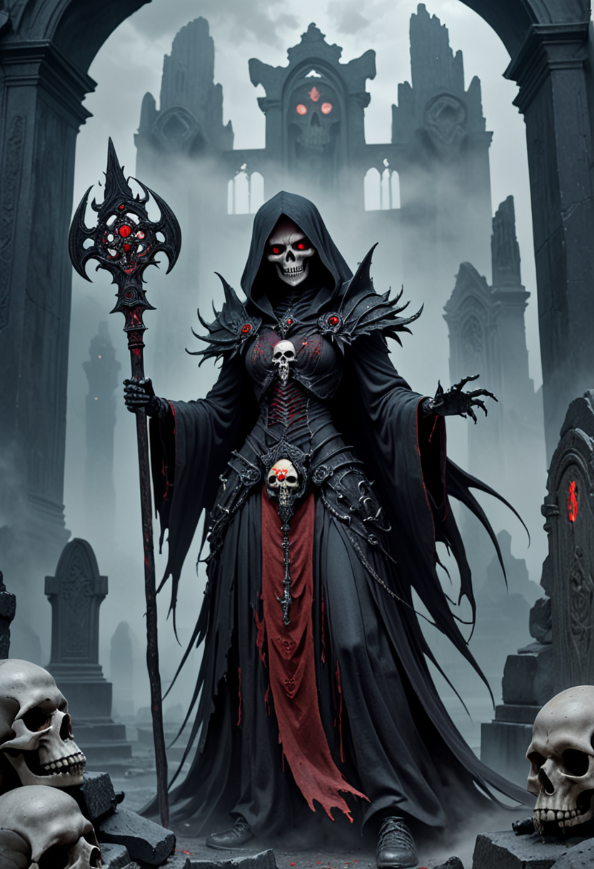(medium full shot) of (sinister lich) with red eyes, wearing a obsidian enchanted tunic, tattered pants, ancient boots, holding a ancient staff with skull topper, surrounded by surrounded by a dark aura, set in  a vast necropolis, with towering statues and weathered gravestones, steeped in the stillness of eternal rest , amidst swirling mist, woman smiling, ,Masterpiece,best quality, raw photo, realistic, very aesthetic