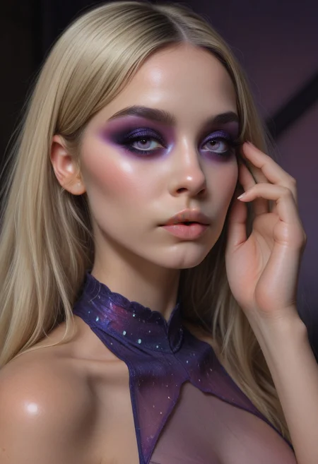 concept art, realistic, Fixhand. 1girl, Solo, 
Sexy body, Sexy face, 
(thick eyeshadows:1.5), Purple eyeshadows