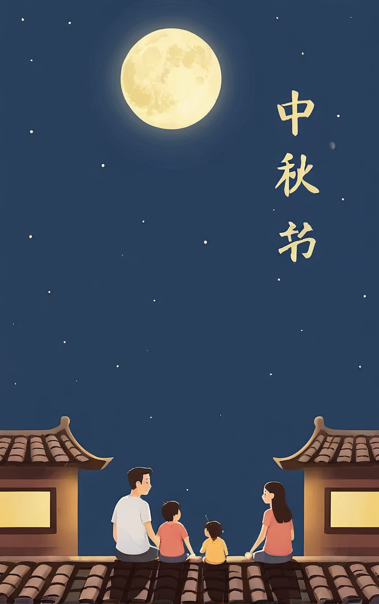 mid autumn festival poster,text:ä¸­ç§,<lora:zhongqiu_v3-000034:0.7>,dad and mom and child are watching the moon on the roof,