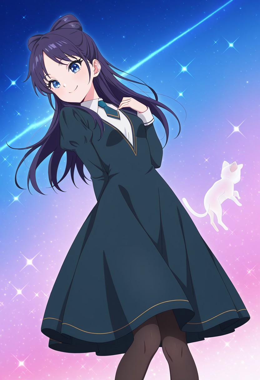(absurdres, best quality, masterpiece:1.4), amazing quality, highres, newest, detailed, detailed body, detailed face, source anime, anime coloring, beautiful, petite, sparkles,
BREAK
WWNemu, 1girl, solo,  smile, NemuAniHu, dark purple hair, bow-shaped hair, parted bangs, half updo, blue eyes, v-neck dress, white inner collared shirt, Short necktie, juliet sleeves, long skirt, black pantyhose, NemuCat, transparent cat,