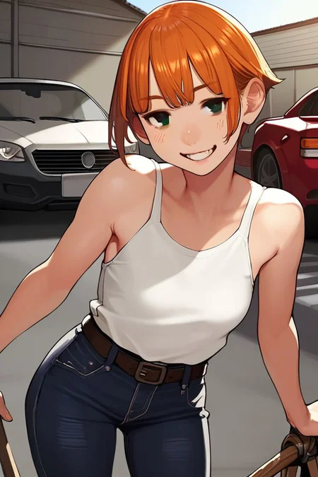 score_9, score_8_up, score_7_up, 1girl, seductive smile, orange hair, heavy_fringe, crossed_bangs, dark_brown eyes, small breasts, belt, garage, sunbeam <lora:yomu_(sgt_epper)_PonyXL_style_v01:1>