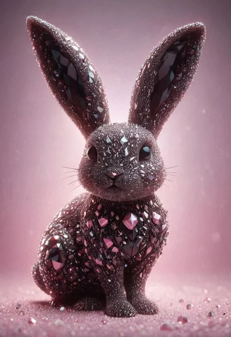 (designed by Classic Disney:0.9) , Bunny, horizon-centered, Abstract Expressionism, Accent lighting, F/8, pink and pink dust particles, unreal engine, cinestill, make out of black diamonds, dark background, p1nkblackd1am0nds, gorgeous, beautiful composition, beautiful detailed, fabulous colors, glowing, cute, symmetrical pose,