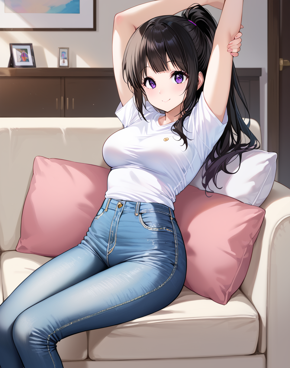 eru_chitanda, black hair, long hair, purple eyes, skirt, breasts, white shirt, short sleeves, tight jeans, ponytail BREAKindoors, living room, sofa
BREAK
sitted, sit on sofa, looking at viewer, closed mouth, sexy smile, flirty, arms up, stretching,  BREAK score_9, score_8_up, score_7_up, source_anime ,zPDXL, <lora:Eru_Chitanda:0.9>