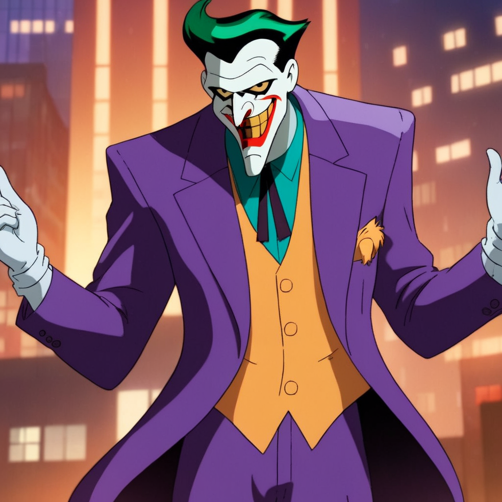 anime artwork of  <lora:Joker:1.5>
The Joker with a purple suit and tie in Gotham city universe, anime style, key visual, vibrant, studio anime,  highly detailed