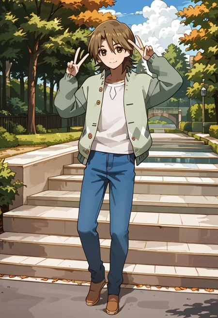 score_9, score_8_up, score_7_up, score_6_up, highly detailed,Good Colors, Good Shading, Good Eyes, Contrast Shading, male focus, slim, skinny, slim body, young man, correct anatomy, Yasaburo, 1boy, male_focus, brown hair, brown eyes, white shirt, blue pants, brown shoes, green jacket, park, smiling, victory sign, autumn