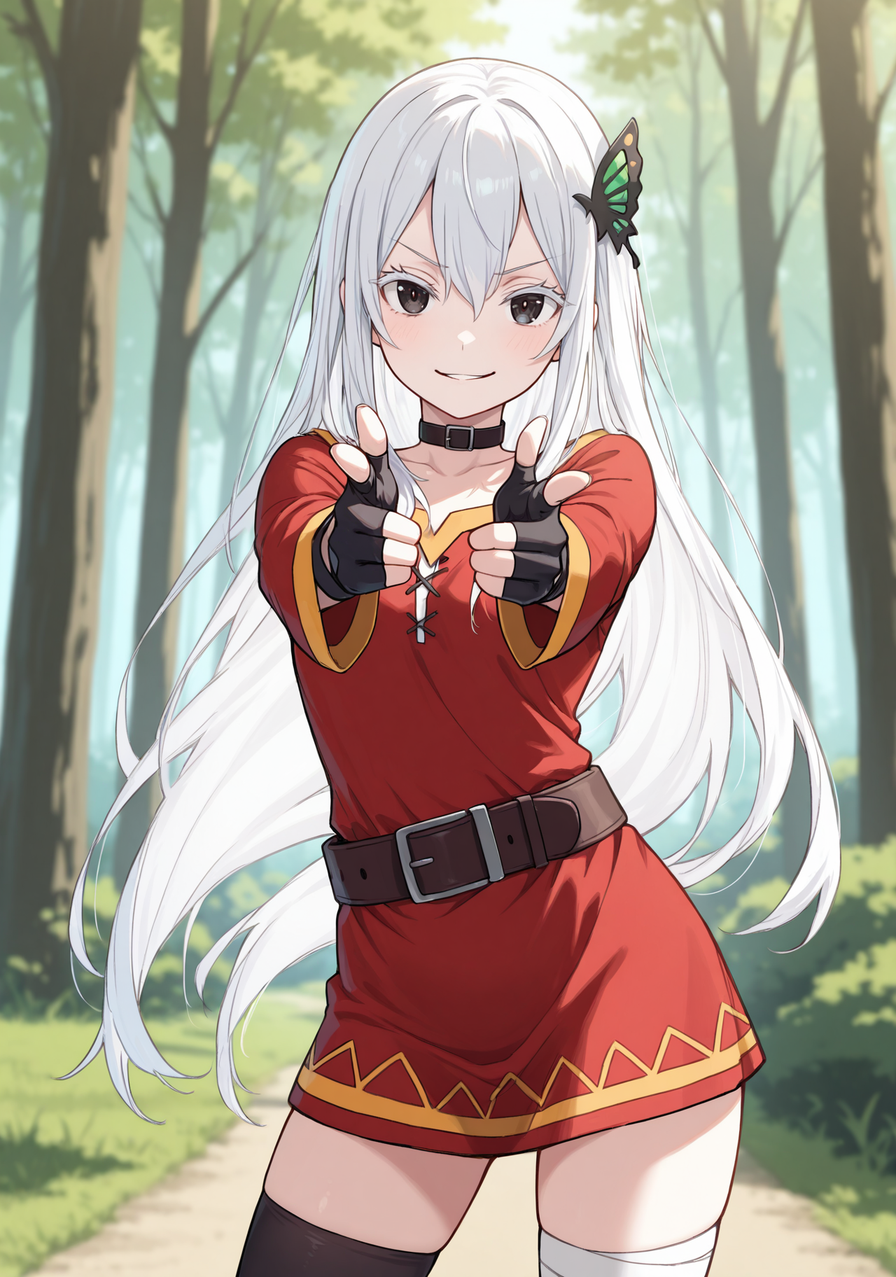 masterpiece, best quality, 1girl, solo, Echidona, white hair, hair between eyes, long hair, thick eyelashes, colored eyelashes, (konosuba:0.85), (megumin:0.75), outdoors, forest, nature, tree, contrapposto, legs apart, standing, black eyes, butterfly hair ornament, RNDFit, belt buckle, buckle, black gloves, fingerless gloves, gloves, bandaged leg, bandages, black thighhighs, short dress, single thighhigh, thighhighs, belt, black belt, black choker, choker, dress, long sleeves, red dress, grass, cowboy shot, looking at viewer, blurry, blurry background, finger gun, pointing at viewer, pointing, double finger gun, v-shaped eyebrows, parted lips, smirk