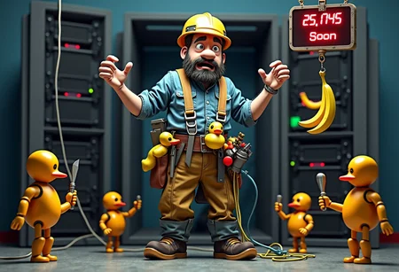 clumsy handyman wearing a tool belt filled with random items like a banana and a toy hammer. He is standing in front of a broken server rack with cables tangled around him like a spider web. Confused little robots trying to help by handing him the wrong tools like a screwdriver with a rubber duck handle. The sign "This is fine" hanging on a server door, digital clock showing time "ETA: Soon"
