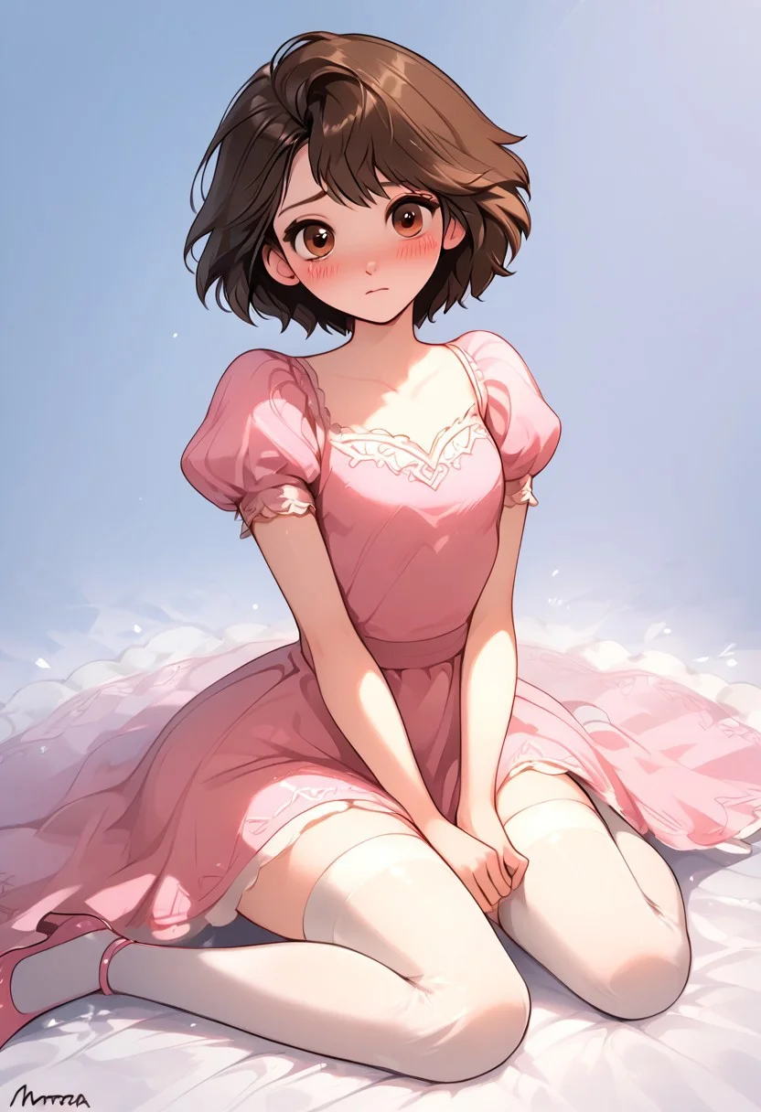score_9, score_8_up, score_8, 1femboy, sexy 20yo white caucasian femboy, brown eyes, perfect eyes, (dark brown hair), medium length hair, bob cut, fluffy hair, skinny, trembling, high res image, masterpiece, RapunzelWaifu, elegant, cute face, solo, worried, shy, Norza, otoko no ko, pink dress, lace, sitting on floor, puffy sleeves, white thighhighs, pink shoes, short sleeves, sidesitting, looking at viewer,