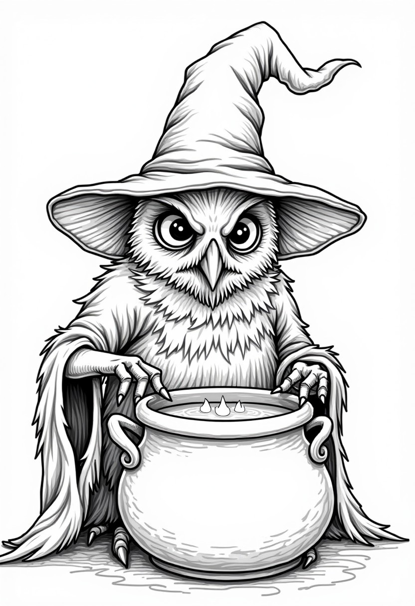 monochrome lineart depicting a scary owl wearing wizard's attire with a pointy hat, performing a dark ritual over a cauldron filled with glowing soup