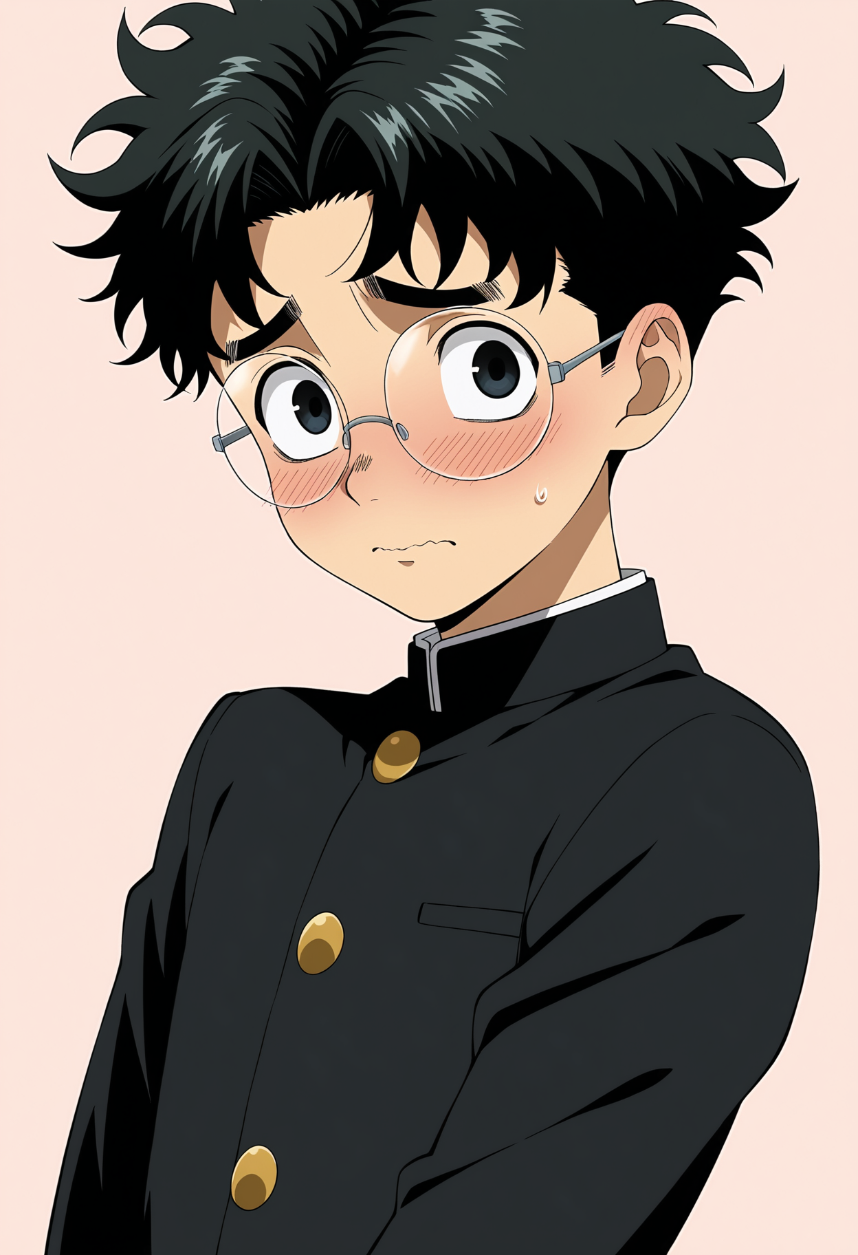 1boy, solo, okarun, takakura ken \(dandadan\), dandadan, black hair, round eyewear, black school uniform, young,
simple background, upper body, embarrassed, 
general, masterpiece, best quality, anime coloring,