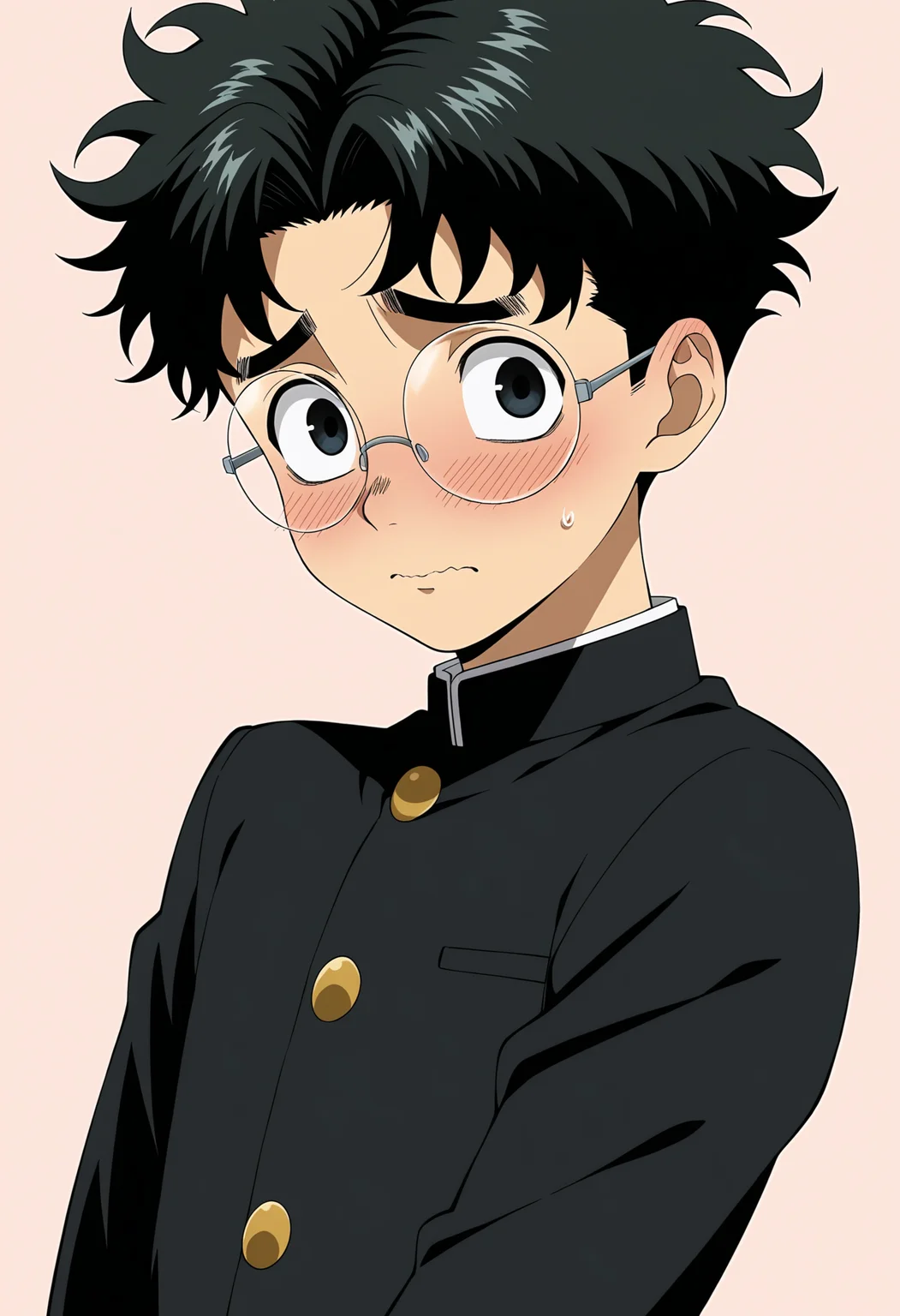 1boy, solo, okarun, takakura ken \(dandadan\), dandadan, black hair, round eyewear, black school uniform, young,
simple background, upper body, embarrassed,
general, masterpiece, best quality, anime coloring,