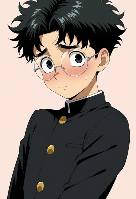 1boy, solo, okarun, takakura ken \(dandadan\), dandadan, black hair, round eyewear, black school uniform, young,
simple background, upper body, embarrassed, 
general, masterpiece, best quality, anime coloring,