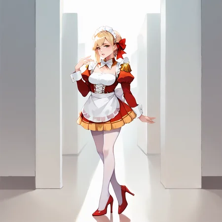 score_9, score_8_up, score_7_up, best quality, masterpiece, source_anime,  BREAK
1girl, , blonde hair, maid, maid headdress, apron, dress, pantyhose, long sleeves, epaulettes, puffy sleeves, d dress, frills, arm support, ribbon, high heels, parted lips, indoor
 <lora:Neromaid:1> <lora:Anime Style 2 SDXL_LoRA_Pony Diffusion V6 XL:1>