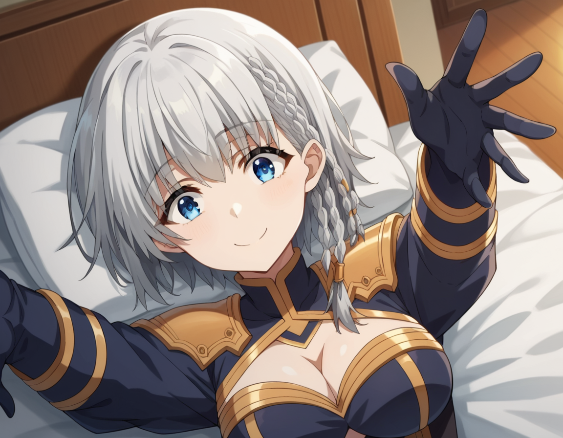 score_9, score_8_up, score_7_up, source_anime,
shadowbeta, <lora:shadow-beta-ponyxl-lora-nochekaiser:1>,
beta, short hair, blue eyes, braid, grey hair, smile,
gloves, cleavage, armor, clothing cutout, cleavage cutout,
indoors, bed, bed room, on back, arm support, arms up, incoming hug, pov, reaching, reaching towards viewer,
looking at viewer, cowboy shot, dutch angle,