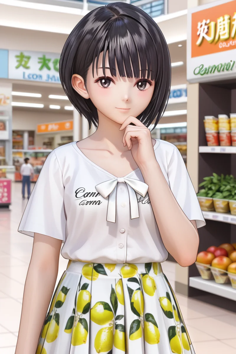 Shirai Hinako, lemon print skirt,casual outfit, 1girl, solo, looking at viewer, short hair, bangs, skirt, simple background, shirt, black hair, shopping mall, cafe background, closed mouth, standing, collarbone, white shirt, short sleeves, cowboy shot, pleated skirt, food, hand up, black eyes, gradient, gradient background, fruit, bob cut, white skirt, hand on own chin, lemon print skirt, <lora:Shirai_Hinako_Blue_Reflection_Pony:1> anime color, seductive smile,