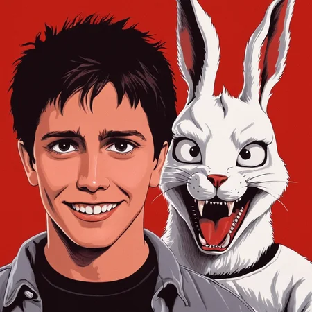 <lora:add-detail-xl:1>
<lora:detailed:0.3>
<lora:perfection style:0.3>
<lora:xl_more_art-full_v1:0.3>
<lora:Donnie Darko film style:1>
a drawing of a man and a rabbit next to each other,1boy,upper body,male focus,teeth,dated,sharp teeth,red background,monster,horror (theme) , cinematic, film, Donnie Darko film style