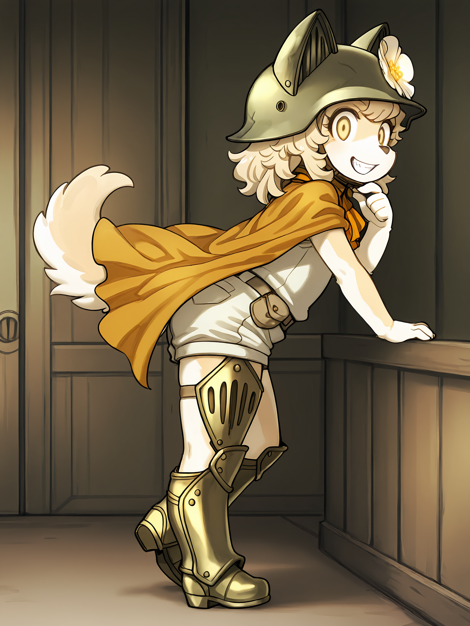 BREAK, <lora:Chick_Montblanc_Illustrious_V1:1>, Chick Montblanc, Fuga: Melodies of Steel, kemono, furry female, 1girl, dog girl, beige fur, white fur, multicolored fur, yellow eyes, blonde hair, short hair, animal ears, dog ears, dog tail, Fuga 2 Appearance, long hair,
BREAK, Fuga 3 Outfit, metal boots, metal thigh plates, white shorts, white topwear, orange cape, orange neckerchief, metal helmet, flower on helmet, bangs, 
BREAK, solo, full body, inside, looking at viewer, pose, grin, finger on chin, raised foot, cute pose