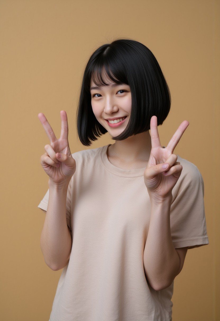 Asian girl. with a black bobcut. doing a double peace V sign with her hands and smiling,FictionalAyumi