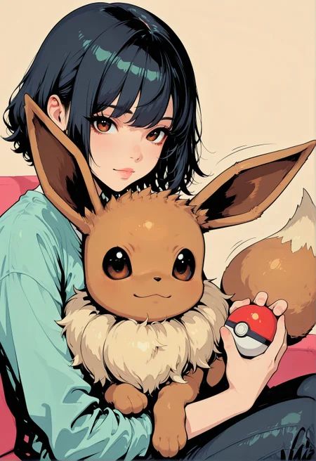 <lora:ck-shadow-circuit-IL:0.78>,
masterpiece, best quality, good quality, very aesthetic, absurdres, newest, 8K, depth of field, focused subject,
dynamic angle, manga, anime, inksketch, dynamic angle, dutch angle, wabi sabi, 1girl trainer, holding a pokeball, Eevee pokemon (creature) sitting on her lap, looking at viewer, relaxing, motion lines, bronze palette
<lora:MoriiMee_Gothic_Niji_Style_Illustrious_r1:0.45>
<lora:ck-nc-cyberpunk-IL-000011:0.4>
<lora:ck-neon-retrowave-IL:0.2>
<lora:ck-70s-scifi-IL:1>
