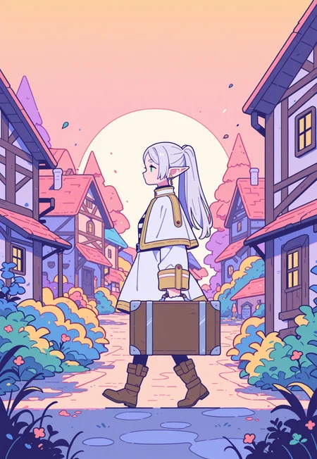 1girl, frieren, elf, walking, holding case, outdoors, side view, wooded village, Flatline, Flat vector illustration, spring